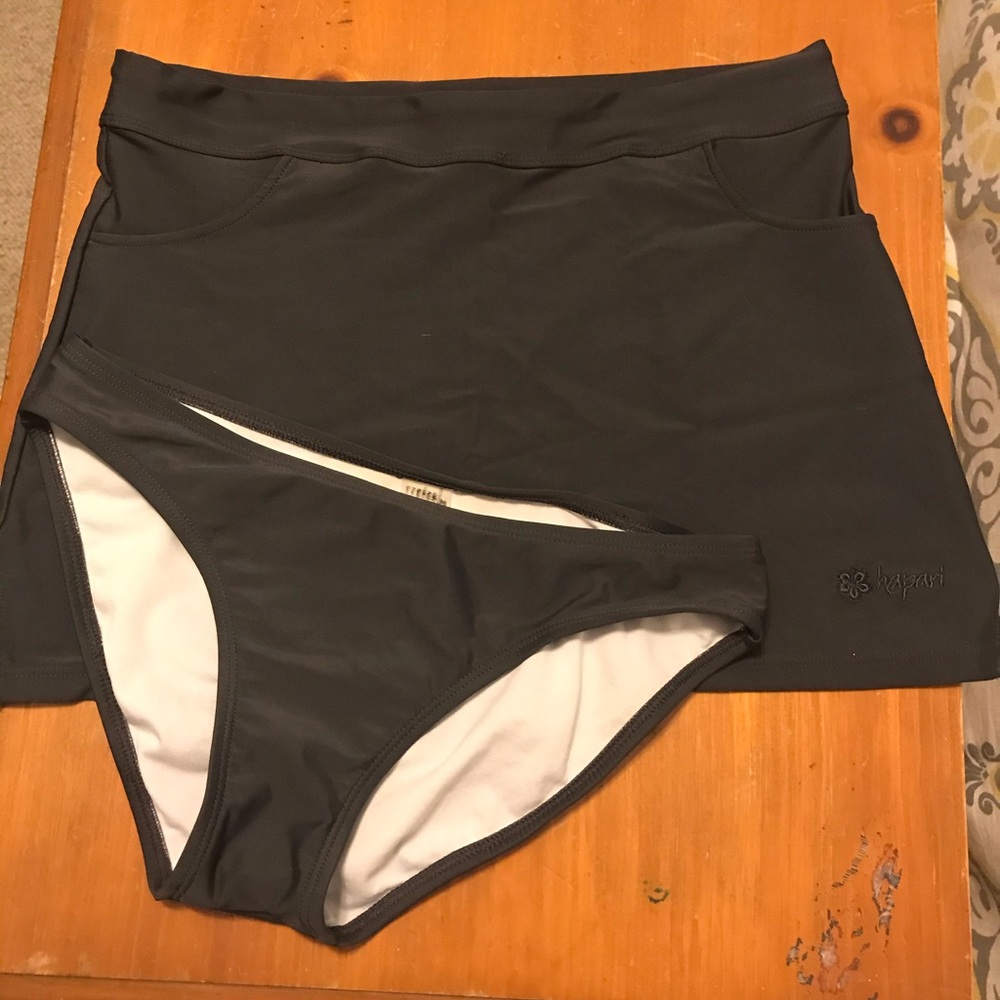 Hapari gray swim skirt and bikini bottoms -